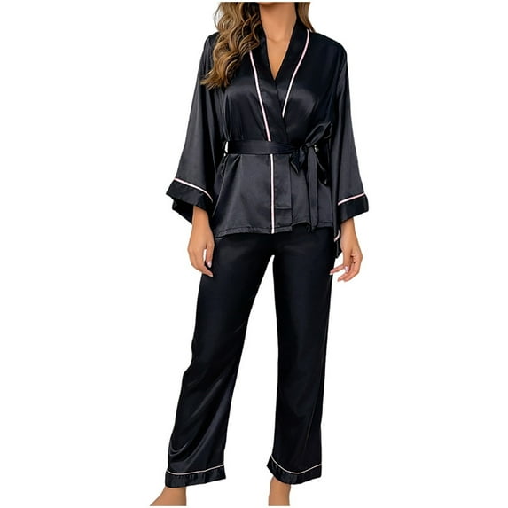 WREESH Womens Pajama Sets Solid Summer Thin Silk Ice Silk Satin Chiffon Long Sleeved Home Black