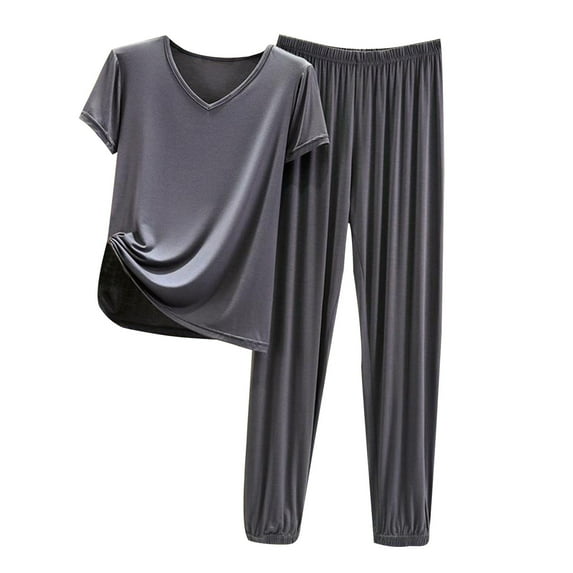 WREESH Womens Pajama Sets Summer Casual Two Piece Suit Pajamas Solid Color Marks Short Sleeved V-Neck Top/Shirt Set Oversized Home Clothing Oversized Pajamas Gray