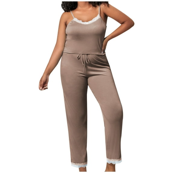 WREESH Womens Pajama Sets Summer Elastic Thin Quarter Thin Style Casual Pajamas Plus Size Pants Oversized Pajamas Pendulous Cool Lace Camisole Home Furnishing Two Piece Sets Coffee