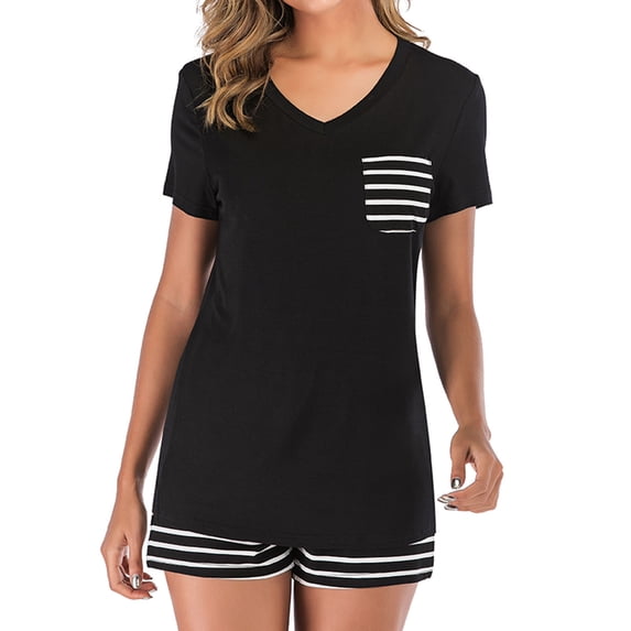 WREESH Womens Pajama Sets Summer Pajamas Striped V-Neck Short-Sleeved Shorts Two Piece Suit Home Clothes Black