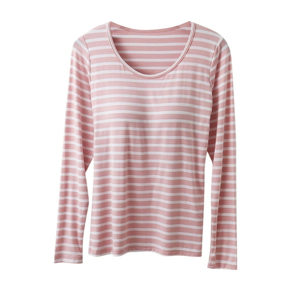 WREESH Womens Pajamas T-Shirts Stripe Household Clothes With Chest Pads T-Shirt Long Sleeved Tops Pajama Comfortable Base For External Wear Round Neck Pink