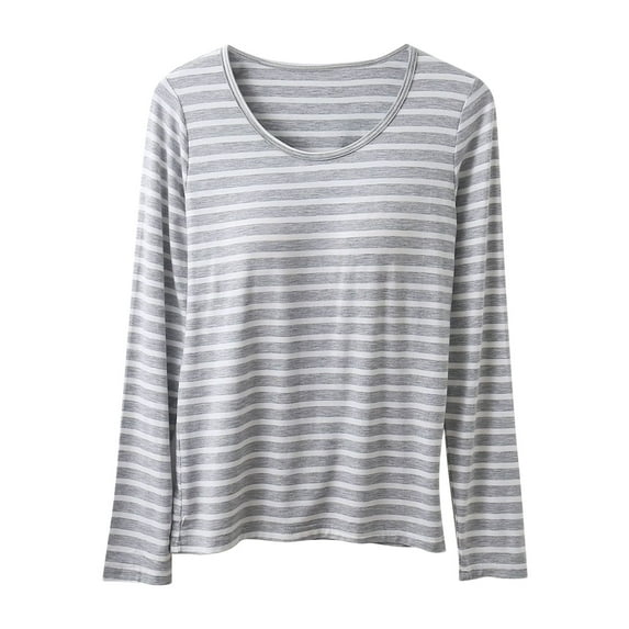 WREESH Womens Pajamas T-Shirts Stripe Household Clothes With Chest Pads T-Shirt Long Sleeved Tops Pajama Comfortable Base For External Wear Round Neck Gray