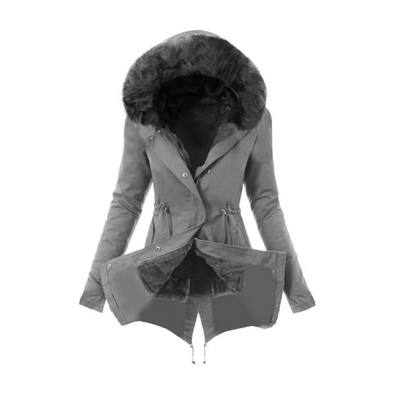WREESH Womens Parka Winter Coat Fleece Lined Zipper Jacket Thickened Plush Collar Hooded Overcoat Mid Length Trench Coats Outdoor Warm Padded Coats Dark Gray