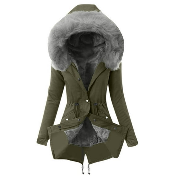 WREESH Womens Parka Winter Coat Fleece Lined Zipper Jacket Thickened Plush Collar Hooded Overcoat Mid Length Trench Coats Outdoor Warm Padded Coats Olive Green