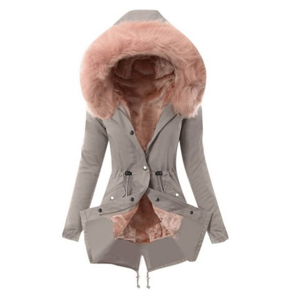 WREESH Womens Parka Winter Coat Fleece Lined Zipper Jacket Thickened Plush Collar Hooded Overcoat Mid Length Trench Coats Outdoor Warm Padded Coats Pink