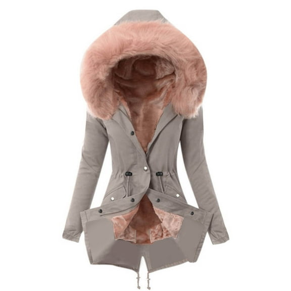 WREESH Womens Parka Winter Coat Fleece Lined Zipper Jacket Thickened Plush Collar Hooded Overcoat Mid Length Trench Coats Outdoor Warm Padded Coats Pink