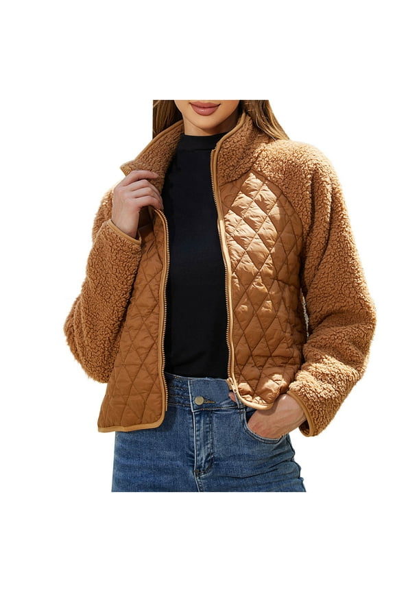 Womens Patchwork Cropped Jacket Fuzzy Fleece Jackets Zip Up Teddy Jackets Fall and Winter Lightweight Warm Short Coats Brown