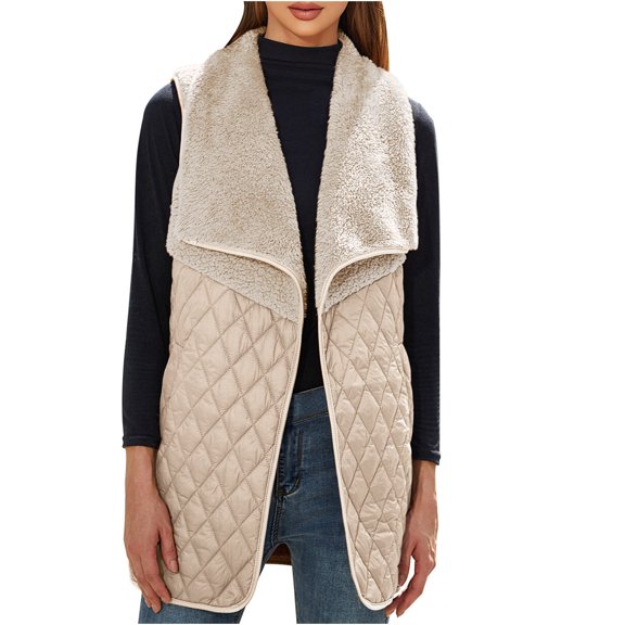 WREESH Womens Patchwork Fleece Vest Jackets Faux Furry Shawl Collar Lapel Gilet Solid Lightweight Cardigan Padded Coats Plus Size Outerwear Beige