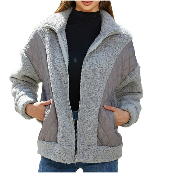 WREESH Womens Patchwork Heavy Jacket Solid Fuzzy Fleece Jackets Loose Long Sleeve Zip Up Jackets Thicken Warm Winter Coats Outerwear with Pockets Gray