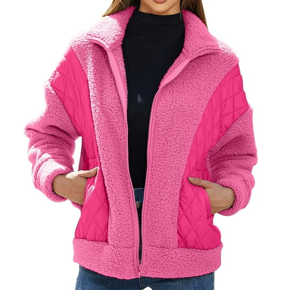 WREESH Womens Patchwork Heavy Jacket Solid Fuzzy Fleece Jackets Loose Long Sleeve Zip Up Jackets Thicken Warm Winter Coats Outerwear with Pockets Hot Pink