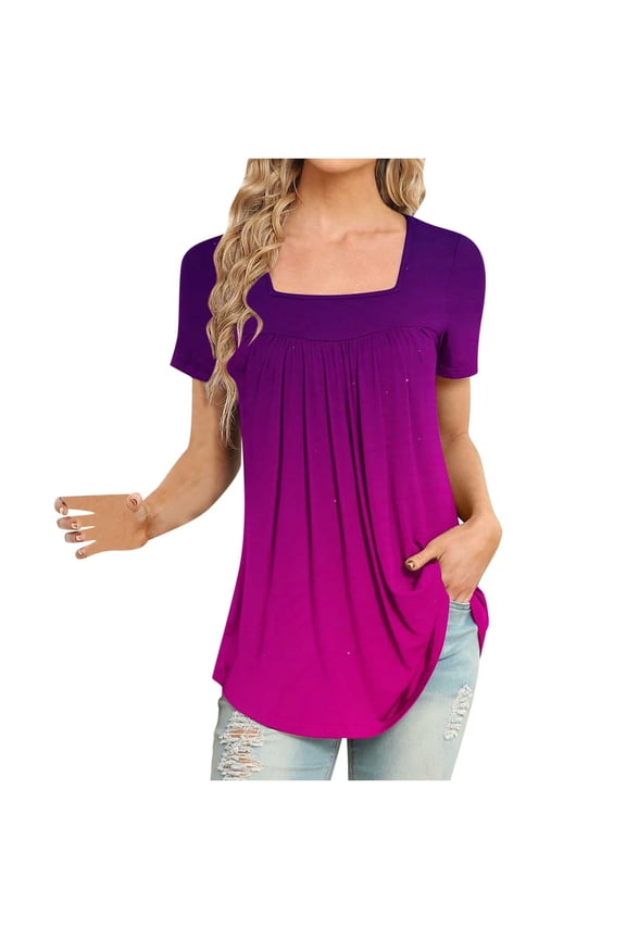 Womens Petal Short Sleeve Tunic Tops Fashion Printed Casual Square-Neck Loose T-Shirt Blouse Tops Hot Pink