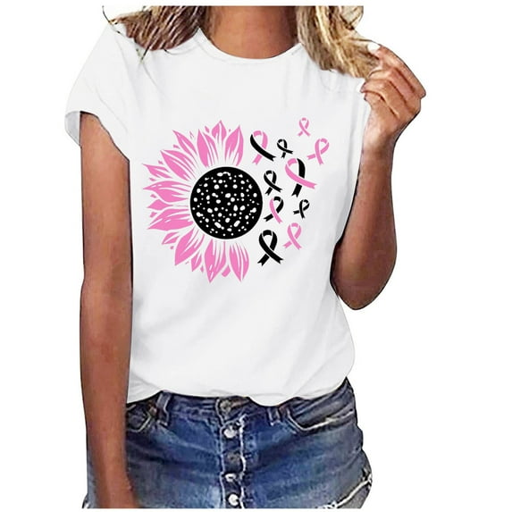 WREESH Womens Pink Ribbon Heart Print Shirts Breast Cancer Awareness T-Shirts Basic Short Sleeve Creweck Tee Tops Trendy Casual Workout Blouses White D