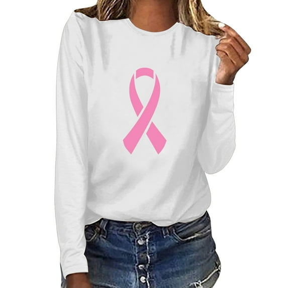 WREESH Womens Pink Ribbon Sunflower Shirts Breast Cancer Awareness T-Shirts Basic Long Sleeve Crewneck Sweatshirts Fall Loose Fit Tops White