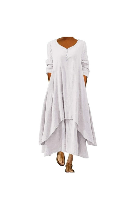 Womens Plus Size Boho Cotton Linen Maxi Kaftan Dress Layer Casual Long Tunic Dress Solid Half Sleeve V-Neck Buttons Dress White