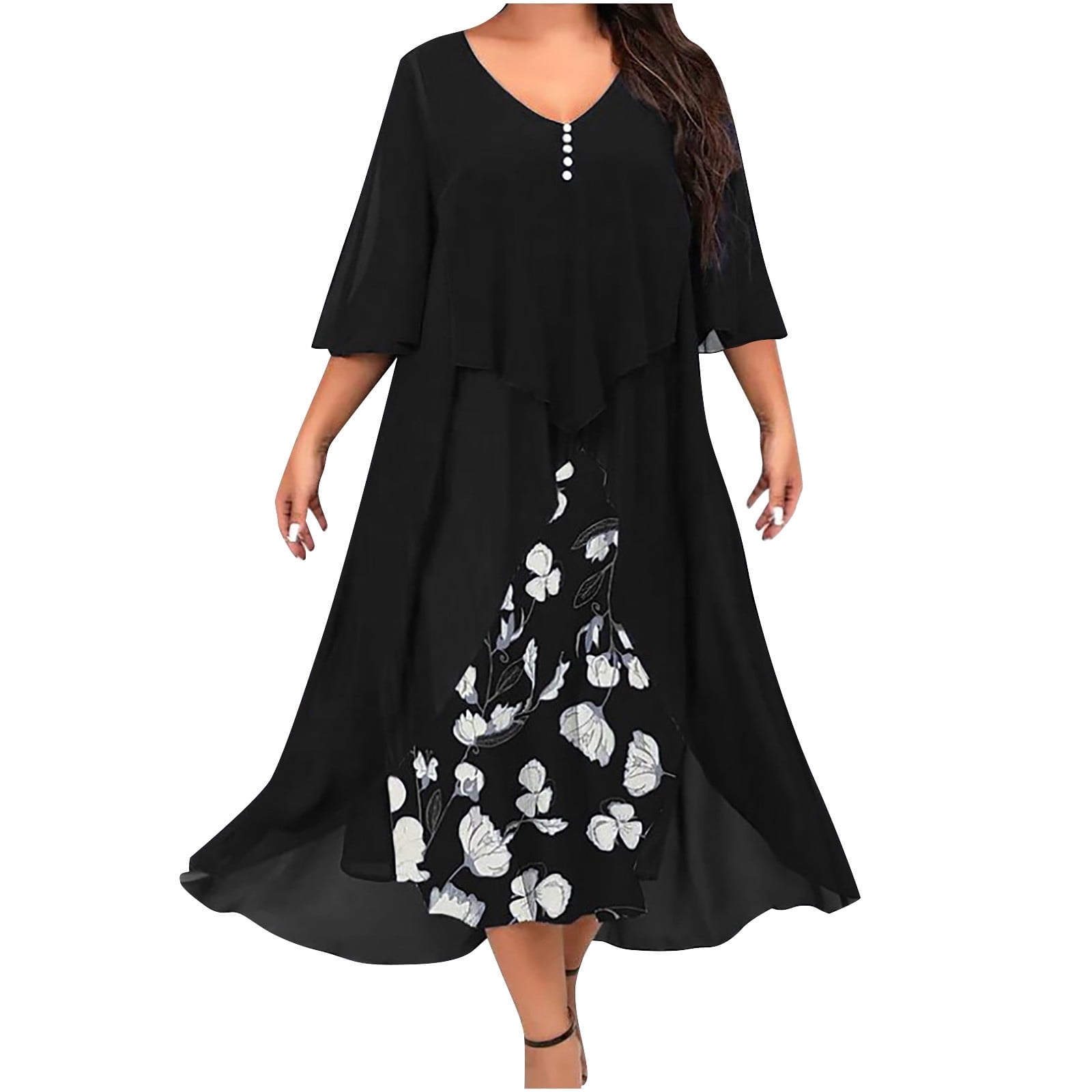 black plus size cape dress Padma Black Draped Maternity Maxi Dress With Cape Sleeves – Club L London main image 1