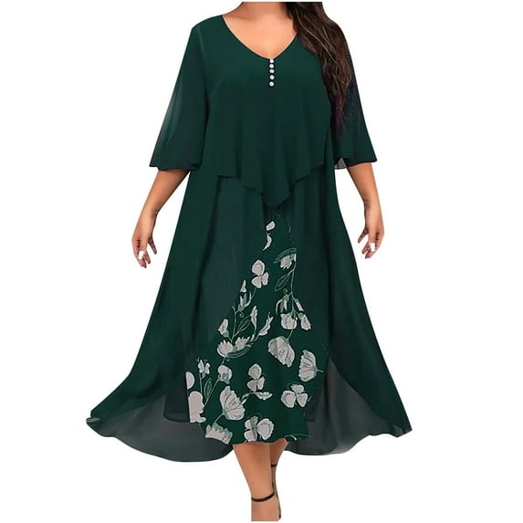 WREESH Womens Plus Size Cape Dress with Chiffon Overlay Fashion Printed Long Sleeve Botton V Neck Elegant Retro Long Dress Green