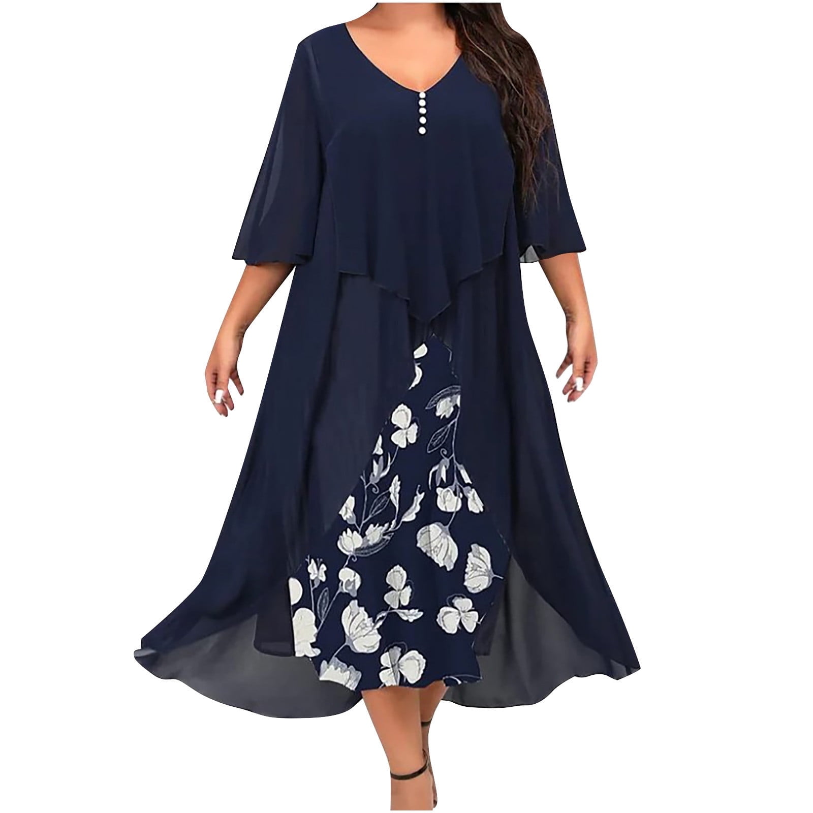 WREESH Womens Plus Size Cape Dress with Chiffon Overlay Fashion Printed Long Sleeve Botton V Neck Elegant Retro Long Dress Navy - Walmart.com WREESH Womens Plus Size Cape Dress with Chiffon Overlay Fashion Printed Long Sleeve Botton V Neck Elegant Retro Long Dress Navy - Walmart.com