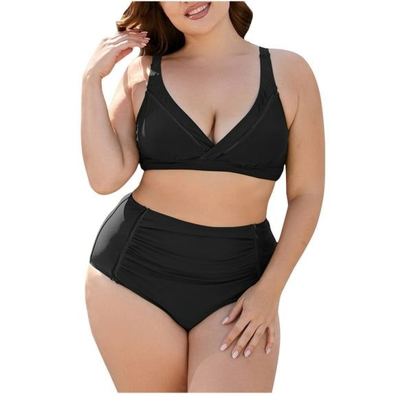 WREESH Womens Plus Size High Waisted Bikini Conservative Strappy Back Set Two Piece Swimsuits Swimdress Beach Bathing Suit Black