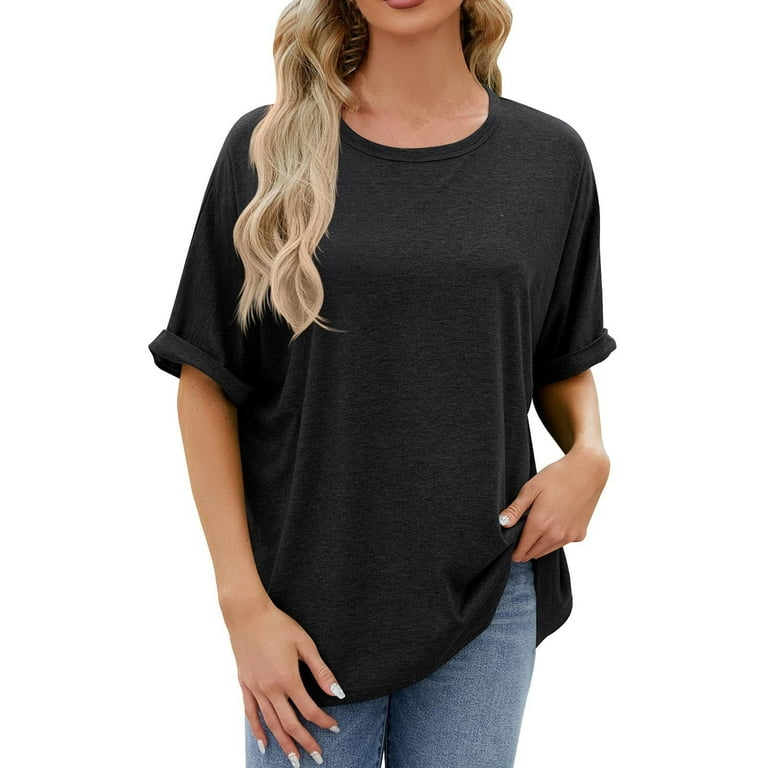 WREESH Womens Plus Size Summer T Shirts Fashion Solid Color Short Sleeve Round Neck T Shirt Casual Going Out Tops Black Walmart