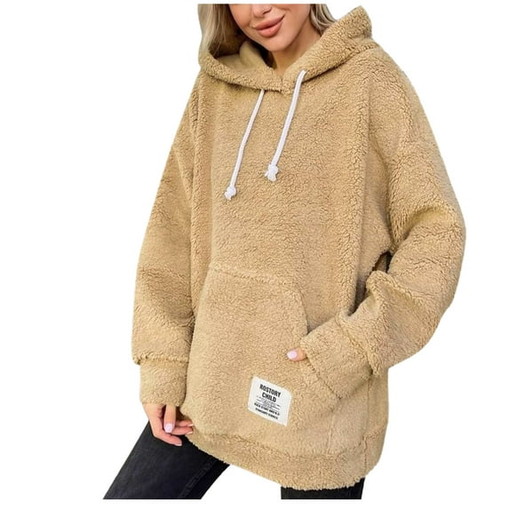 WREESH Womens Plus Size Sweatshirt Fashion Oversized Sweatshirts Fleece Hoodies Long Sleeve Shirts Pullover Fall Clothes with Pocket Tops Khaki