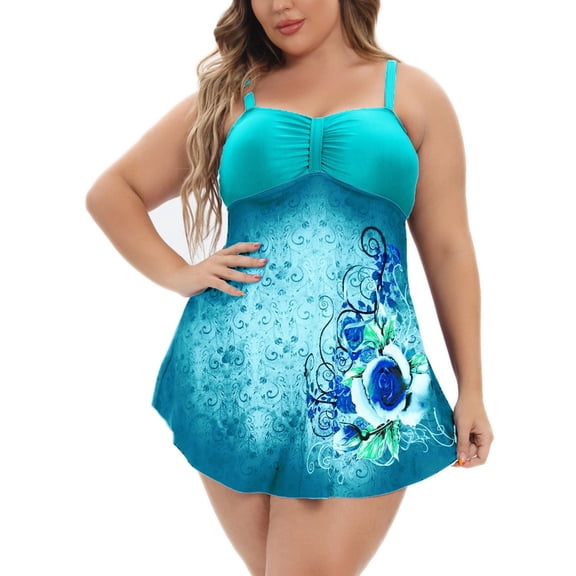 WREESH Womens Plus Size Swim Dress Tankini Swimsuits Fashion Bikini Set Swimsuit Two Piece Filled Solid Swimwear Beachwear Bathing Suit Light Blue