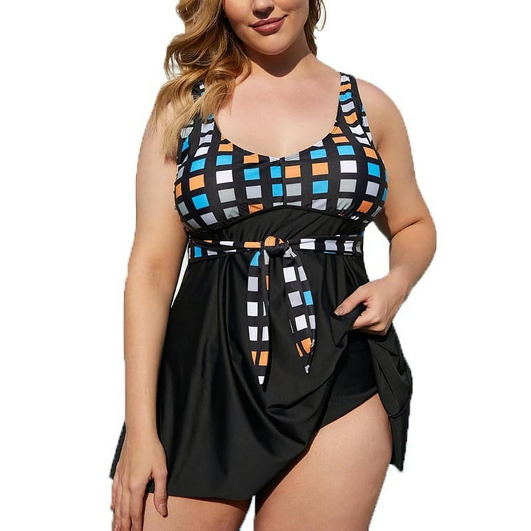 WREESH Womens Plus Size Swim Dress Tie Front Swim Dress Long Oversized High Print Bikini Set One Piece Swimsuit Sets Beach Bathing Suit Black