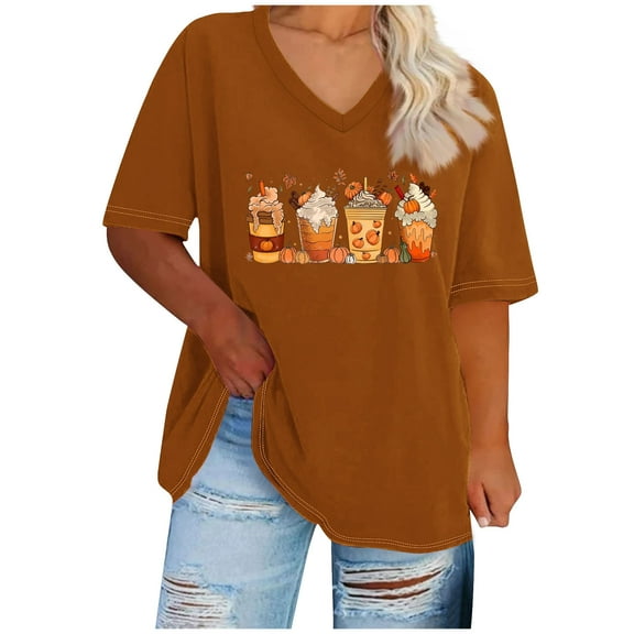 WREESH Womens Plus Size Tops Fashion Short Sleeve V Neck T Shirts Ice Cream Graphic Tees Thanksgiving Gift Tee Tops Orange