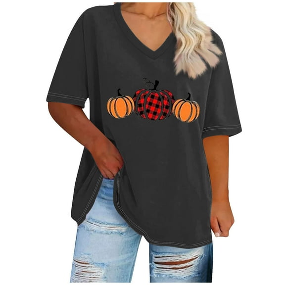 WREESH Womens Plus Size V Neck T Shirts Thanksgiving Shirts Pumpkin Graphic Print T-Shirt Casual Short Sleeve Tee Tops Dark Gray