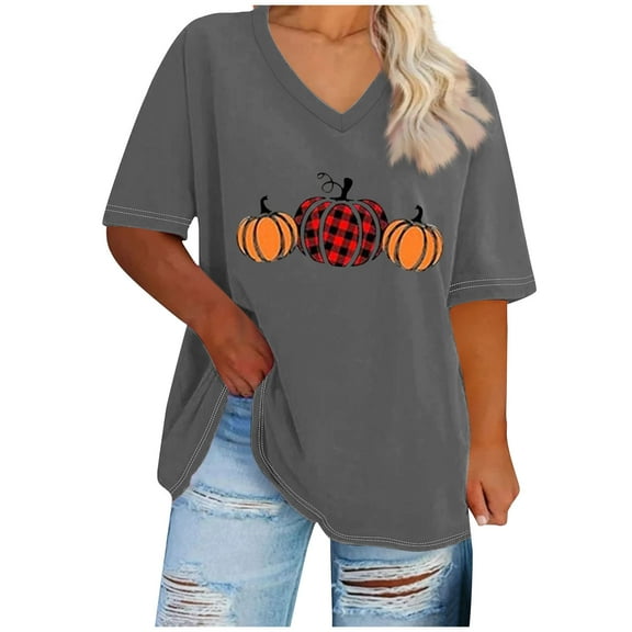 WREESH Womens Plus Size V Neck T Shirts Thanksgiving Shirts Pumpkin Graphic Print T-Shirt Casual Short Sleeve Tee Tops Gray