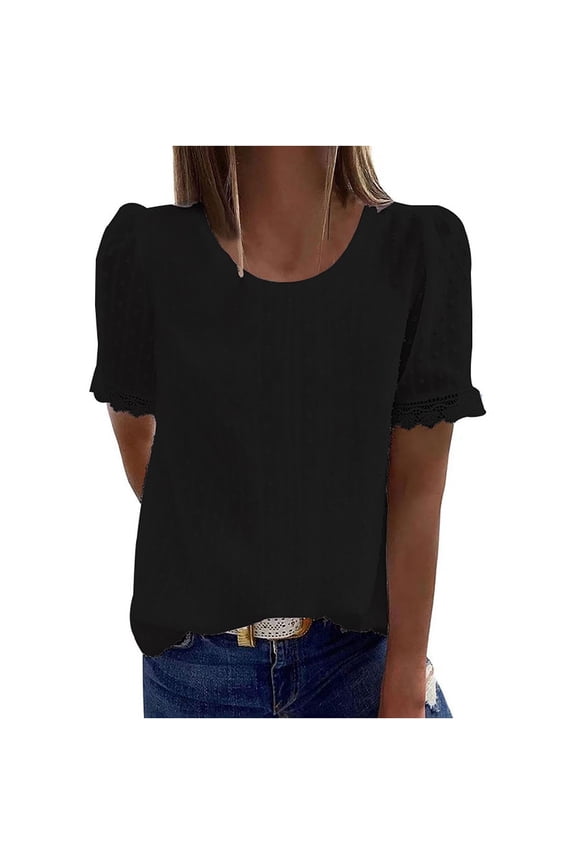 Womens Puff Sleeve Chiffon Blouse Fashion Rounk Neck Short Sleeve Blouse T-Shirt Lace Solid Loose Tops Black