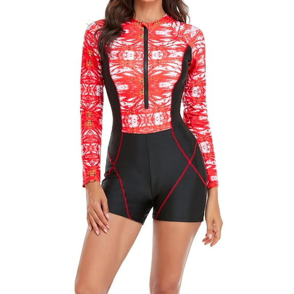 WREESH Womens Rash Guard One Piece Swimsuit Long Sleeve Diving Suit Siamese Summer Beach Surfing One-Piece Zipper Swimwear Bathing Suit Red