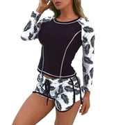 WREESH Womens Rash Guard Swimsuits Fashion Long Sleeve Printing Patchwork Bikini Set Swimsuit Two Piece Sling Swimwear Beachwear Bathing Suit Black