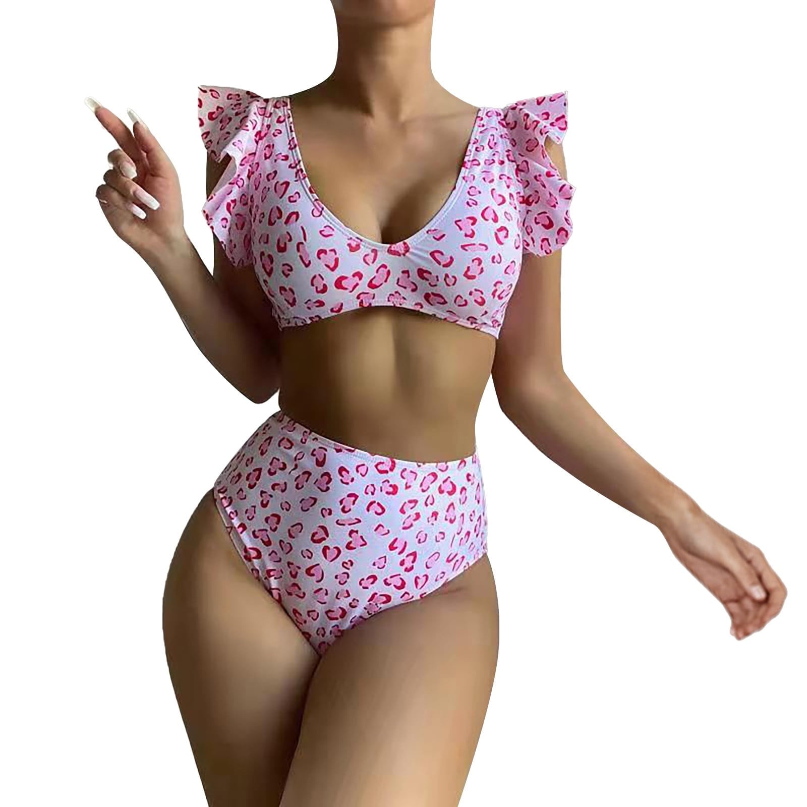 Women Solid Ribbed Pink Ruffled Bikini Set