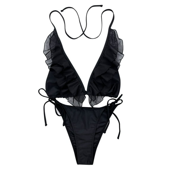 WREESH Womens Ruffle Bikini Sets Print Set Swimsuit Two Piece Filled Bra Swimwear Beachwear Beach Bathing Suit Black