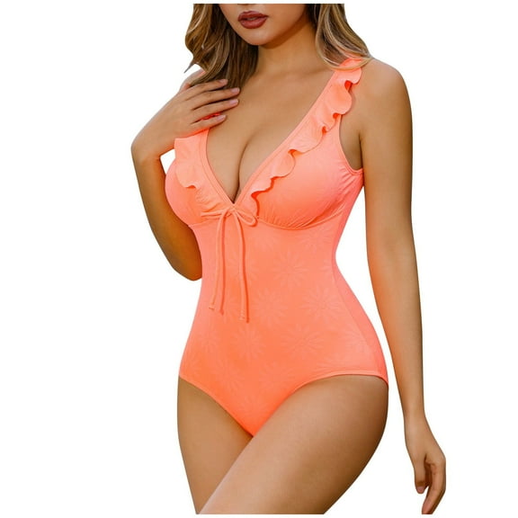 WREESH Womens Ruffle One Piece Swimsuit Deep V-Neck Swimsuit Set Beach Bathing Suit Orange