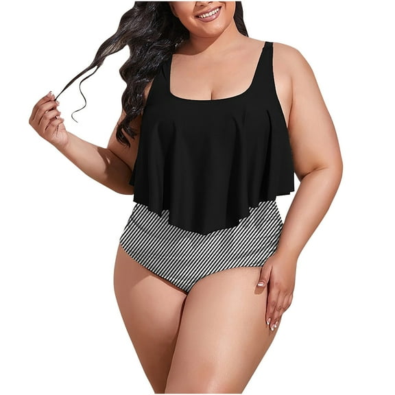 WREESH Womens Ruffle Tankini Swimsuit Plus Size Floral Print Bikini Set Swimming Two Piece Swimsuits Swimwear Beach Suit Bathing Suit White