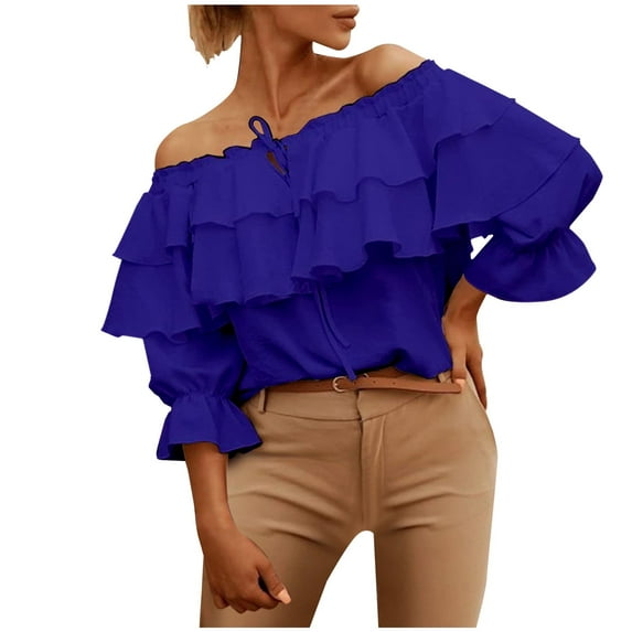 WREESH Womens Ruffles Chiffon Crop Tops Chiffon Off The Shoulder Blouses Casual Summer Solid Tops Blue