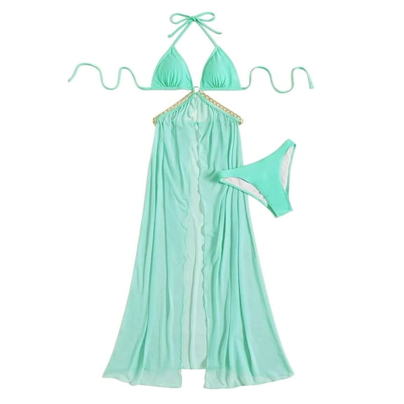 WREESH Womens Sarong Swimsuit Set Bikini Set Beach Cover Up Wrap Skirt Three-Piece Suit Bandage Solid Bikini Push-Up Padded Swimsuit Beachwear Set Bathing Suit Green