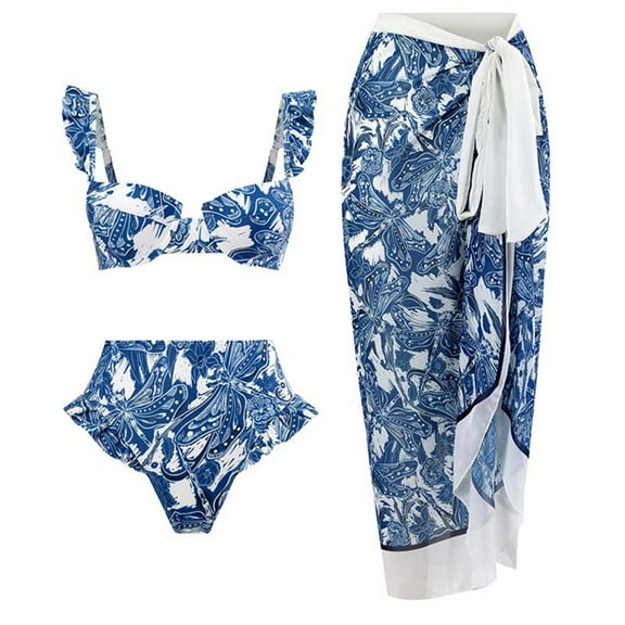 WREESH Womens Sarong Swimsuit Set Bikini Sets Beach Cover Up Wrap Skirt Fashion Retro Flower Print Tight Fitting Bikini One-Piece Swimsuit Chiffon Overskirt Suit Bathing Suit Blue