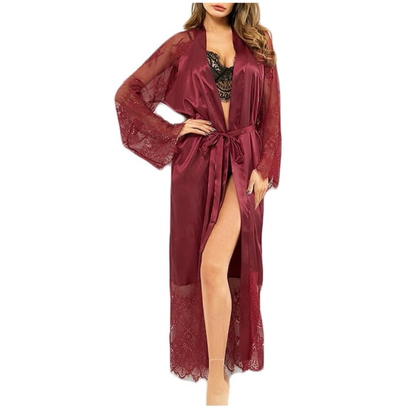 WREESH Womens Satin Nightgown Silk Pajamas Long Nightgowns Lace Satin Long Robe Bathrobe Lingerie Sleepwear Belt Pajamas Wine