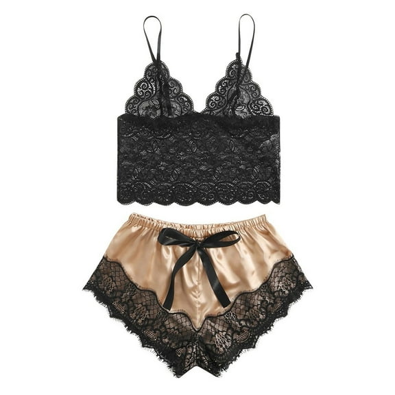 WREESH Womens Satin Pajama Set Fashion Solid Color Erotic Lace Slip Deep V Camisole Top And Shorts Pajama Suit Two Piece Sets Beige