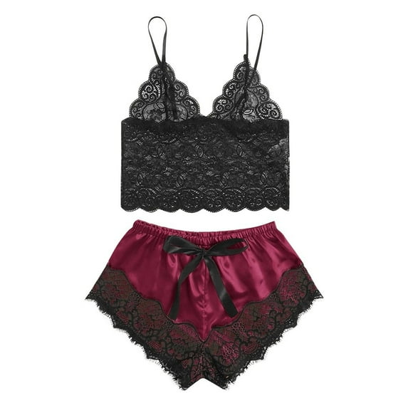 WREESH Womens Satin Pajama Set Fashion Solid Color Erotic Lace Slip Deep V Camisole Top And Shorts Pajama Suit Two Piece Sets Wine