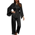 thumbnail image 1 of WREESH Womens Satin Pajama Set Ice Silk Pajamas Home Clothes Winter Pants With Long Sleeves Pajama Suit Two Piece Sets Black, 1 of 6