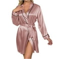 thumbnail image 1 of WREESH Womens Satin Pajamas Bathrobe Solid Color Strappy Bathrobe Home Clothing Can Be Worn Externally With Ice Silk Pajamas And Pajamas Pink, 1 of 4