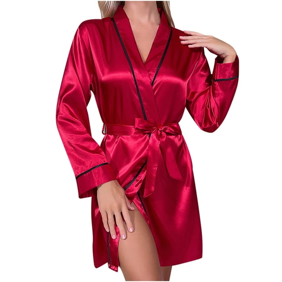 WREESH Womens Satin Pajamas Bathrobe Solid Color Strappy Bathrobe Home Clothing Can Be Worn Externally With Ice Silk Pajamas And Pajamas Red