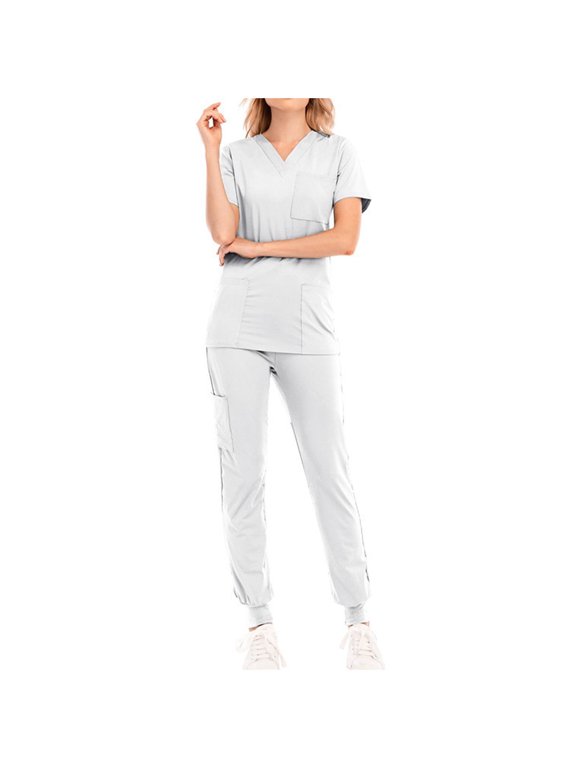 Womens Scrub Sets Solid Jogger Pant V-Neck Short Sleeved Tops with Pocket Long Pants Athletic Nursing Uniform Stretch Workwear White