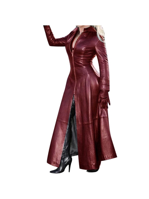 Womens Shiny Leather Coat Turtleneck Long Trench Coat Slim Zipper Corset Outerwear Split Hem Overcoat Wine