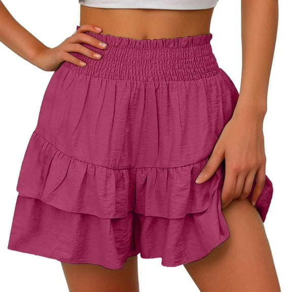 WREESH Womens Shorts Summer Solid Color High Waisted Shorts with Floral Pleated Hem Casual Shorts Hot Pink
