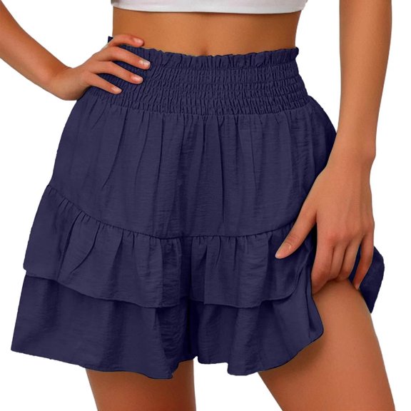 WREESH Womens Shorts Summer Solid Color High Waisted Shorts with Floral Pleated Hem Casual Shorts Purple