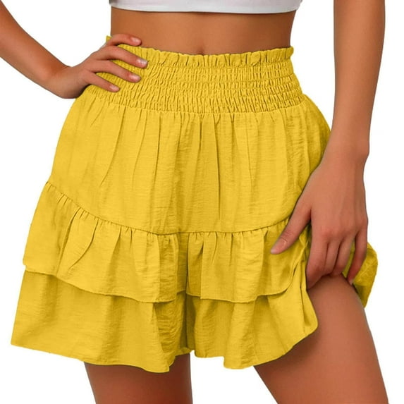 WREESH Womens Shorts Summer Solid Color High Waisted Shorts with Floral Pleated Hem Casual Shorts Yellow